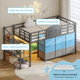 VIAGDO Low Loft Bed Twin Size with 9 Storage Drawers and LED Lights, Metal Twin Loft Bed with Stairway Shelf Storage, Low Loft Bed with Safety Guardrail and Under-Bed Hideaway for Kids, Grey VIAGDO