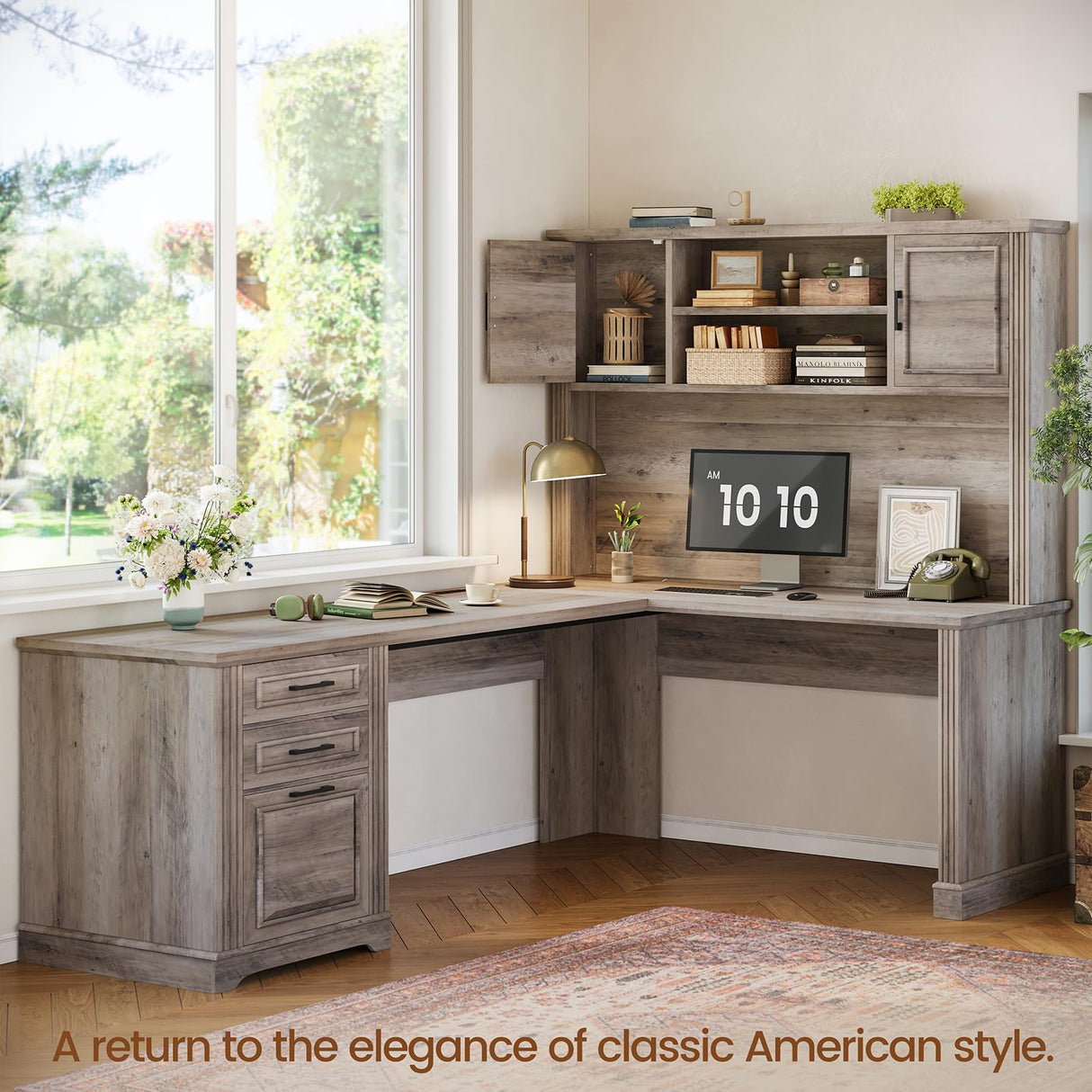 Itaar Farmhouse Executive L Shaped Desk, Home Office Desk with File Drawer and Power Outlet, Computer Corner Desk with Hutch and Drawer, Workstation for Office Home, Grey Itaar