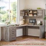 Itaar Farmhouse Executive L Shaped Desk, Home Office Desk with File Drawer and Power Outlet, Computer Corner Desk with Hutch and Drawer, Workstation for Office Home, Grey Itaar