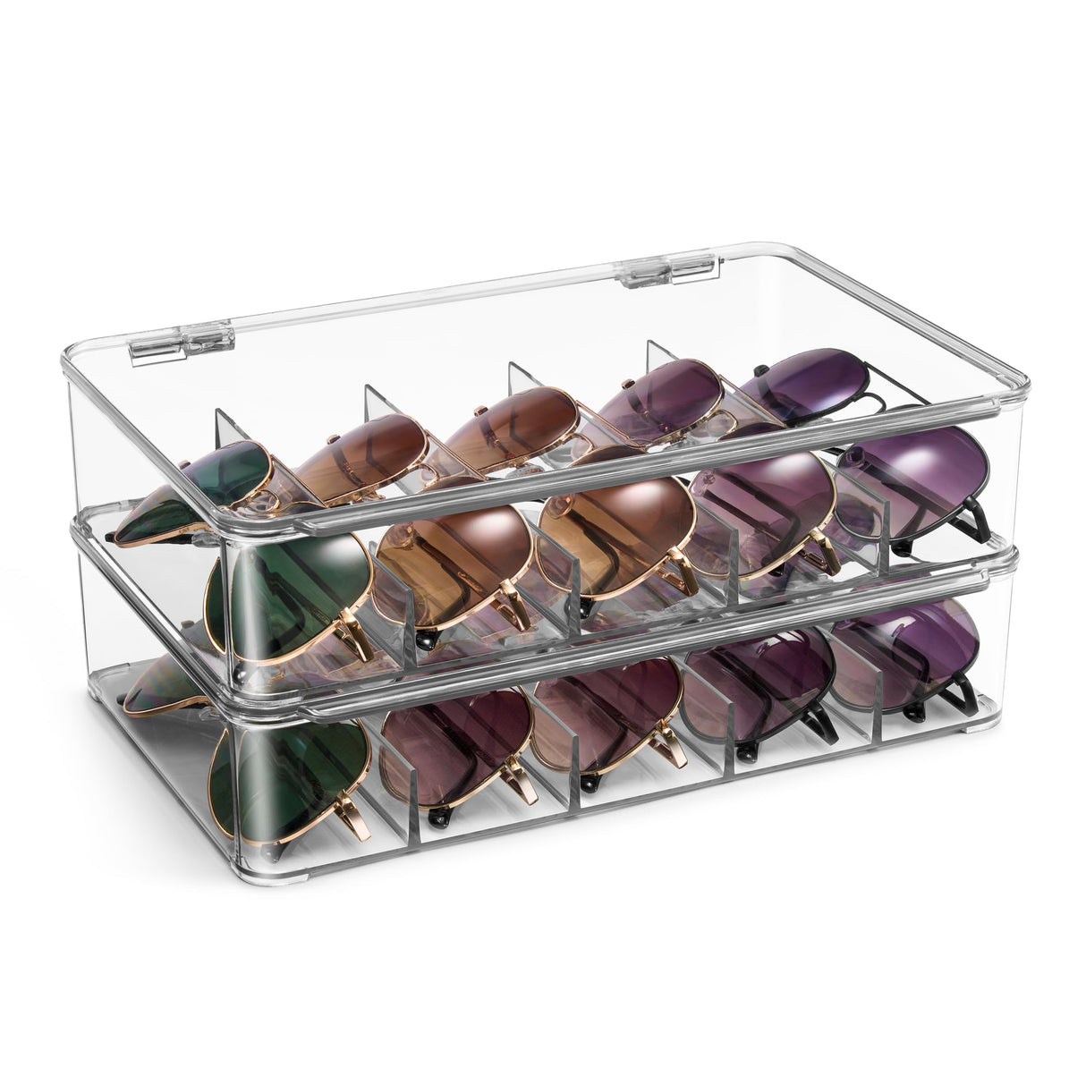 Sorbus Sunglasses Organizer - Plastic Stackable Eyeglass Case Storage Organizer for Multiple Glasses - Reading Glasses, Sunglass Holder with Hinged Lid for Eyewear Display Includes 5 Sections (2 Pack) Sorbus