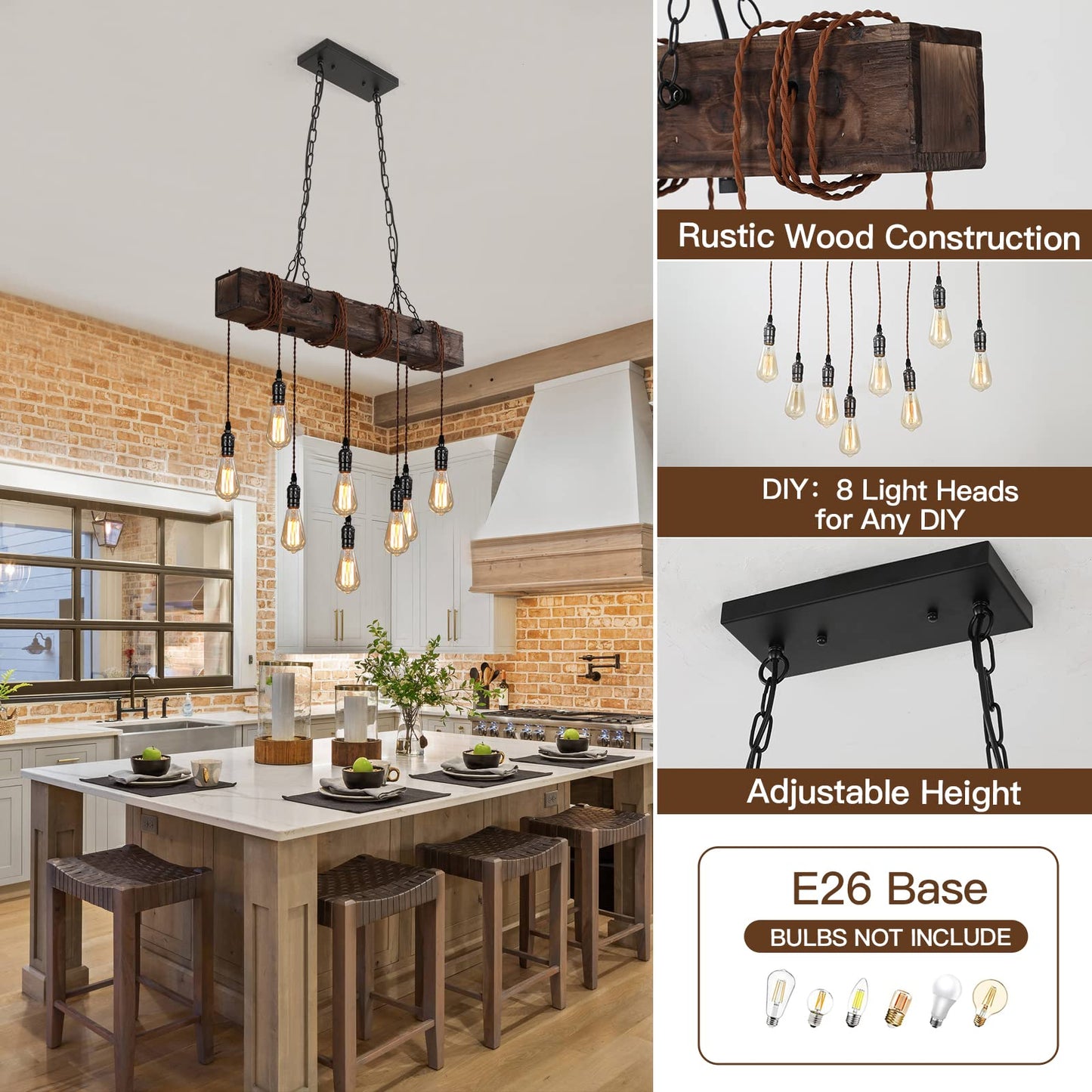 KEESFU 8-Lights Rustic Chandeliers for Dining Room, Farmhouse Wooden Ceiling Pendant Light, Height Adjustable, Rectangle Chandelier for Kitchen Island Dining Room Bar Pool Table Cabin.