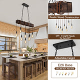 KEESFU 8-Lights Rustic Chandeliers for Dining Room, Farmhouse Wooden Ceiling Pendant Light, Height Adjustable, Rectangle Chandelier for Kitchen Island Dining Room Bar Pool Table Cabin. KEESFU