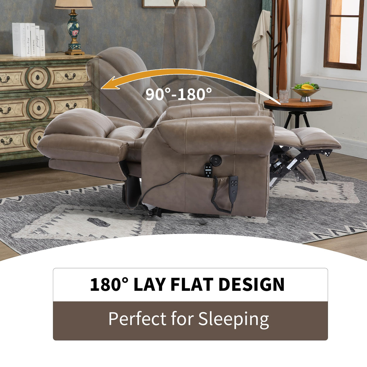 Dual Motor Power Lift Chair, Lay Flat Recliner Chair, Electric Recliner with Massage and Heat for Elderly, Remote Control, Infinite Position, Standing Assistance, USB Ports (Khaki, Genuine Leather) Trustyue