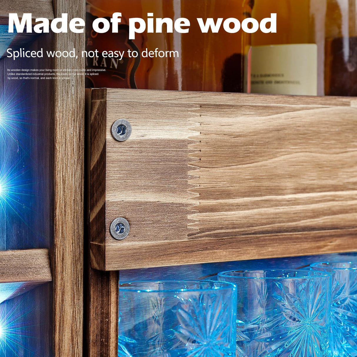 Homde Wine Rack with LED Light Wall Mounted Wood,Wine Shelf with Bottle Stemware Glass Holder Rustic, Wine Display Storage Rack with Cork Holder for Home Bar Kitchen Decor Homde