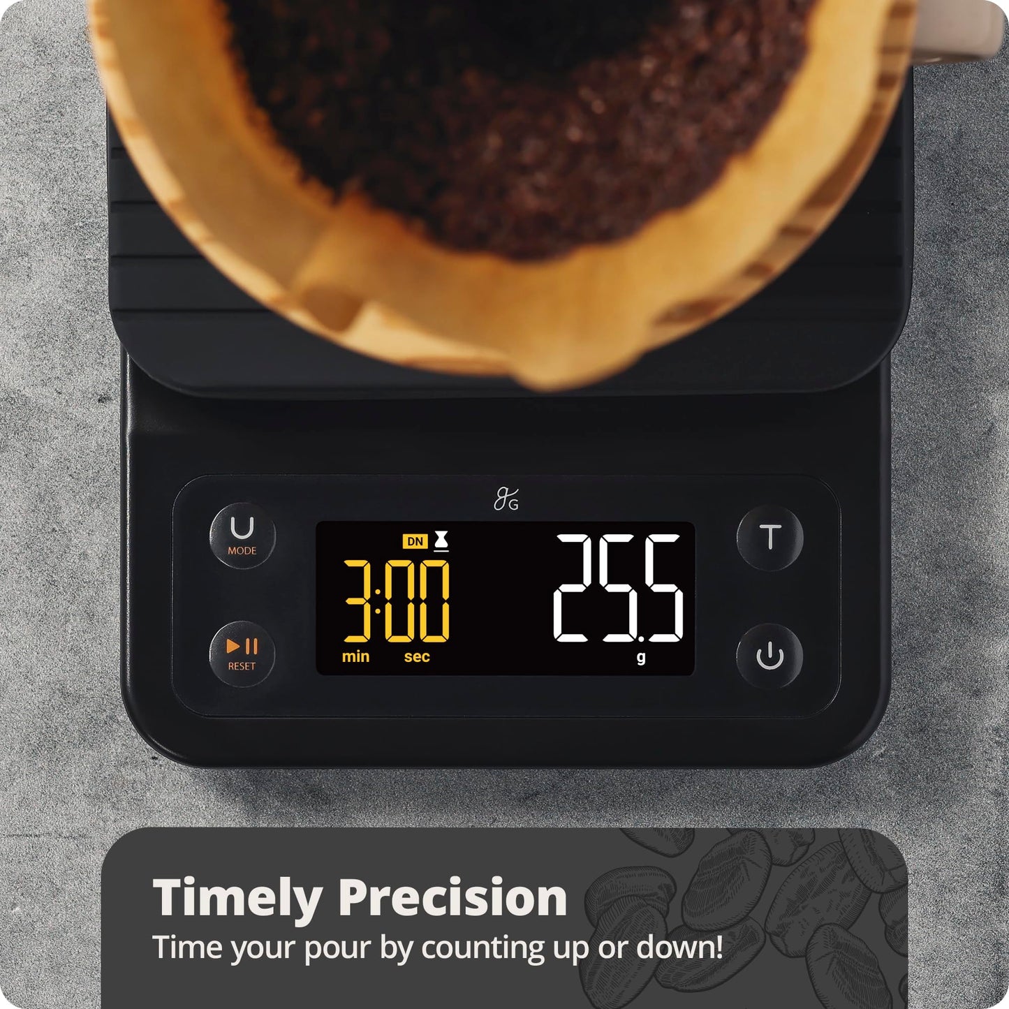 Greater Goods 0.1g Precision Coffee Scale with Timer – 3kg Digital Scale for Pour-Over, Espresso, French Press, Kitchen Use (Onyx Black)