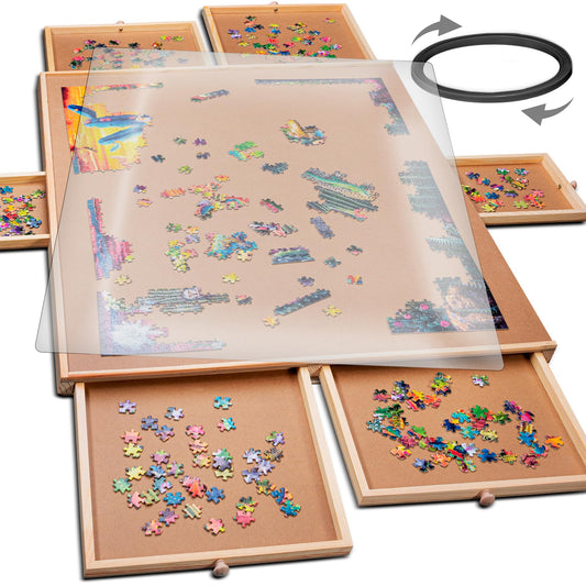 1500 Piece Rotating Wooden Jigsaw Puzzle Table - 6 Drawers, Puzzle Board with Puzzle Cover | 27” X 35” Jigsaw Puzzle Board Portable - Portable Puzzle Table - WoodArtSupply