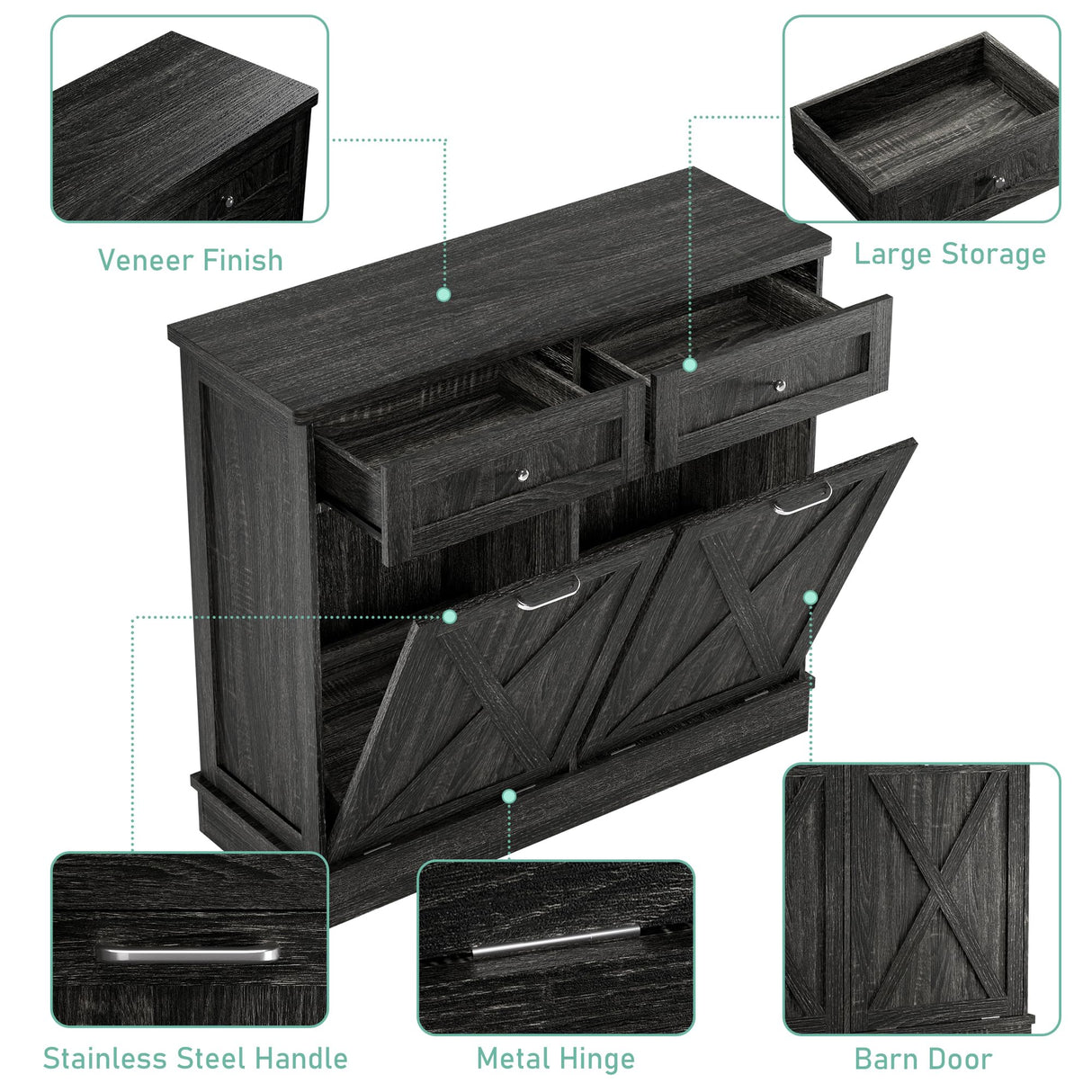 TOLEAD Double Tilt Out Trash Cabinet Free Standing 10 Gallon Wooden Dual Trash Can Cabinet with Barn Door for Farmhouse Kitchen,Living Room, Dining Room, Oak Grey TOLEAD