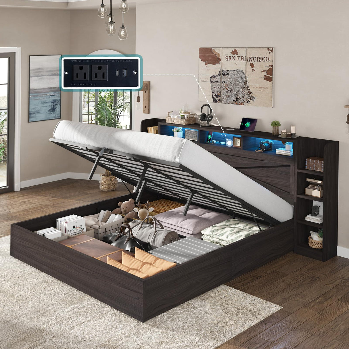 AMERLIFE King Size Lift Up Storage Bed Frame, 45.1" LED Bed Frame with 2 Side Shelves and Bookcase Headboard, Farmhouse Wood Platform Bed with Charging Station, No Box Spring Needed, Black AMERLIFE