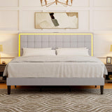 LUXOAK King Size Bed Frame with LED Headboard, Linen Button Tufted Upholstered Platform Bed with USB Charging Station, Strong Wooden Slats Support, No Box Spring Needed, Light Grey LUXOAK