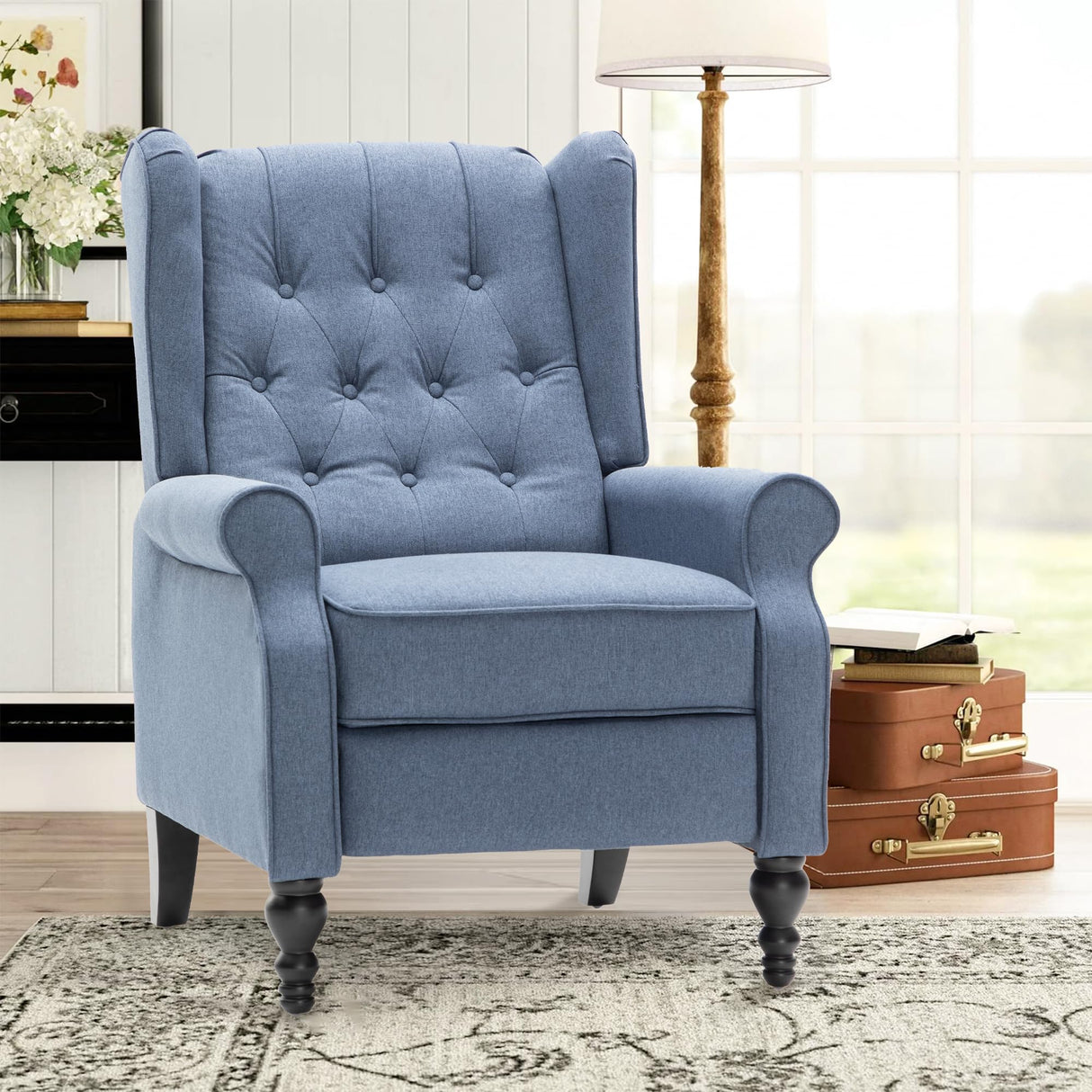 Mid Century Wingback Recliner Chair for Adults, Modern Linen Fabric Push Back Recliner Chairs with Button Tufted Upholstered Back & Footrest, Manual Recliner Chais for Living Room, Nursery, Blue BALIAA