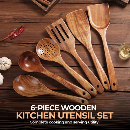 AIUHI Nonstick Natural Wooden Kitchen Utensils Set, Smooth Finish Teak Wood Spoons, Comfort Grip Spatula for Elaborate Cooking 6 PCS