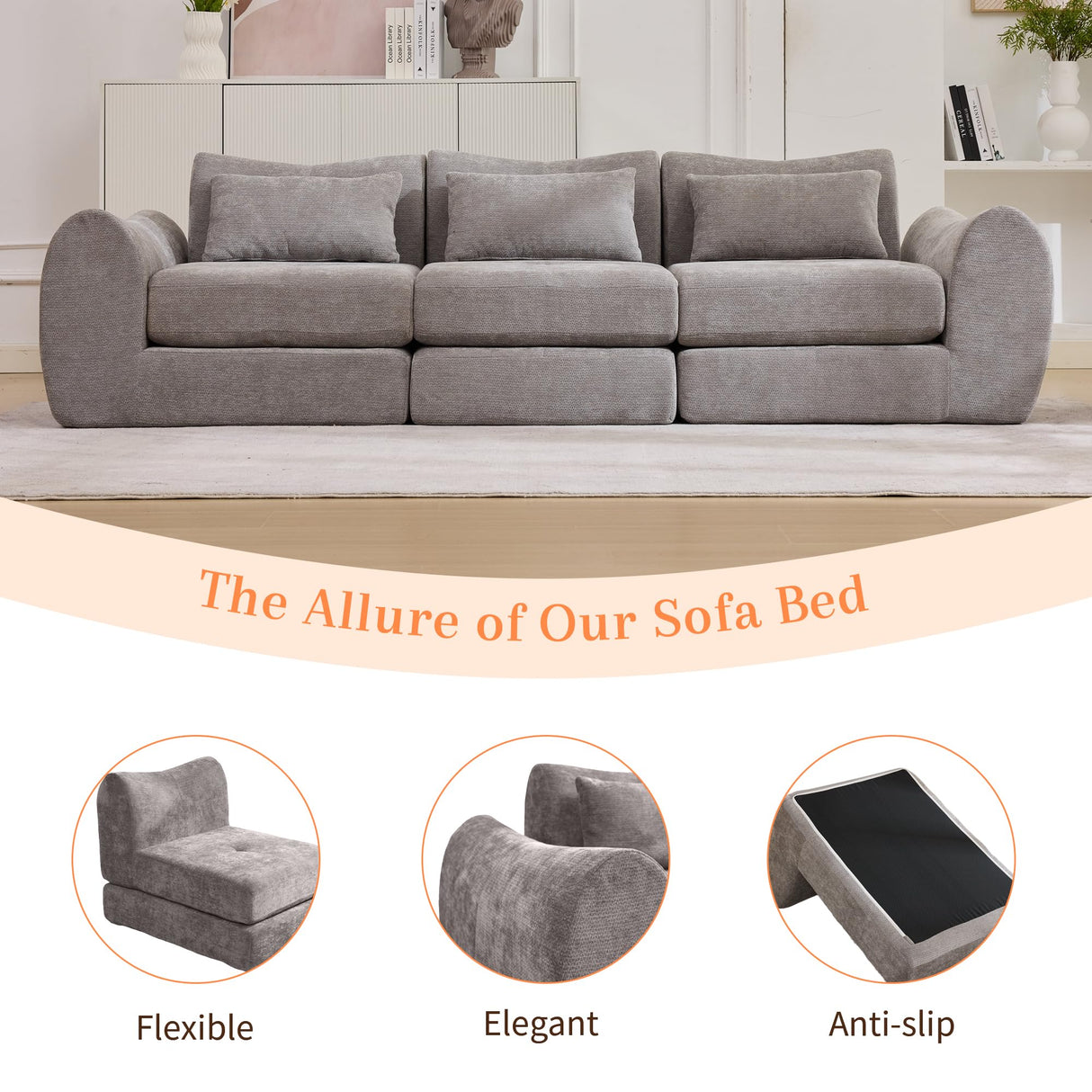 MAXMAXX 102" Cloud Sofa, 4-in-1 Folding Sofa Bed, Floor-Standing Boneless Couch, Futon Sofa Bed for Living Room, Bedroom and Entertainment Room(Gray) MAXMXX