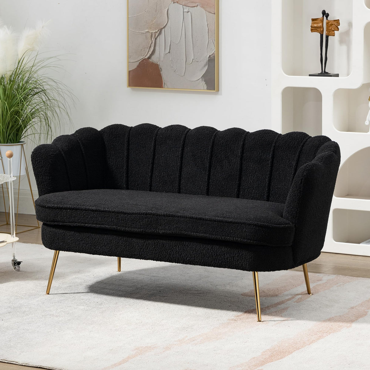 DWOYFO 59” Small Modern Teddy Loveseat Sofa, 2-Seater Sofa with Gold Metal Legs, Small Couch with Flower Shaped Back for Living Room Bedroom Office (Teddy, Black) DWOYFO