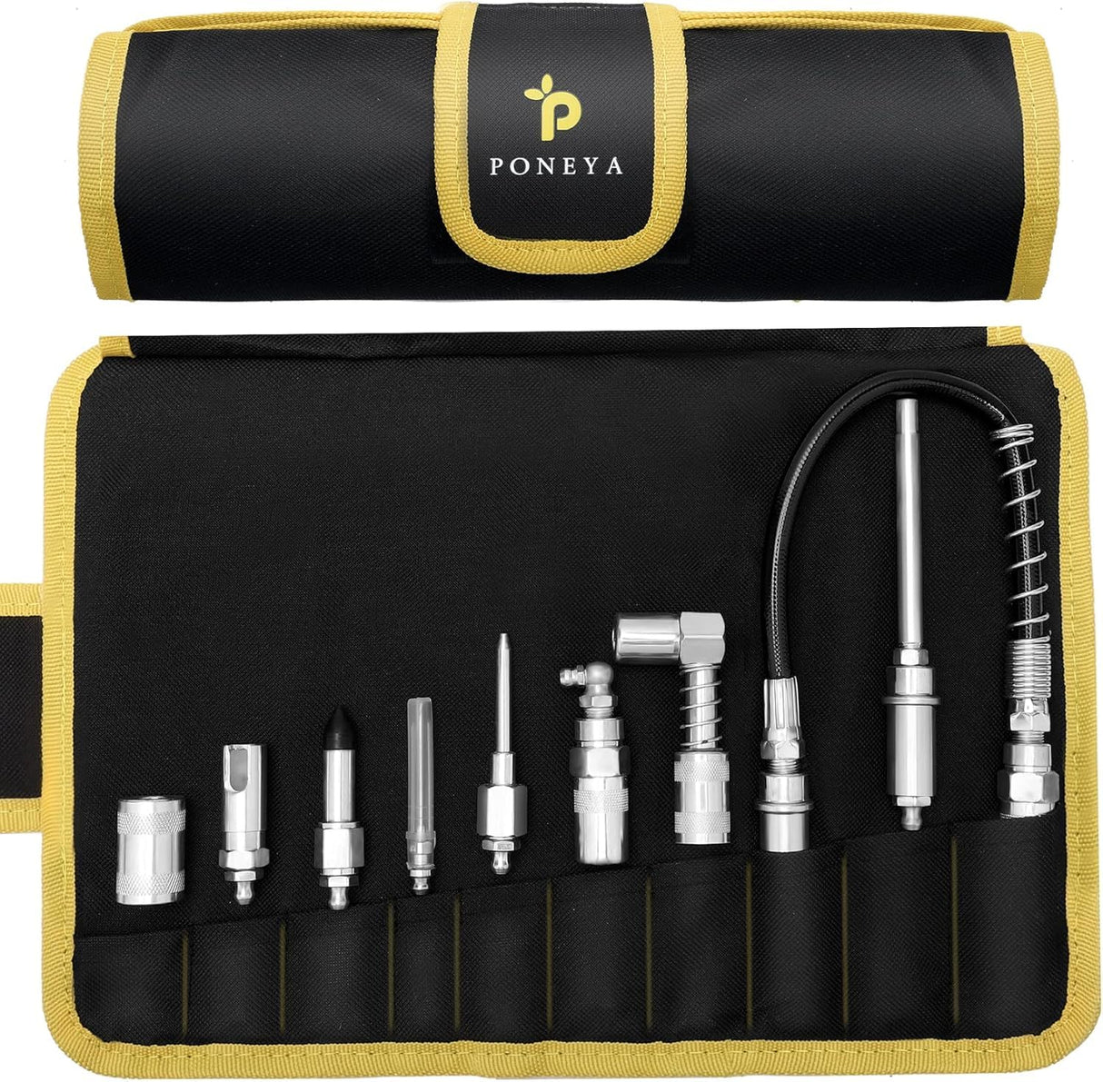 PONEYA 9 PCS Grease Gun Couplers, Quick Connect Greasing Accessory Kit with Grease Gun Tips 12" Flex Hose & Roll Up Case, Perfect for Quick Release Grease Couplers to Reach Any Grease Fitting PONEYA