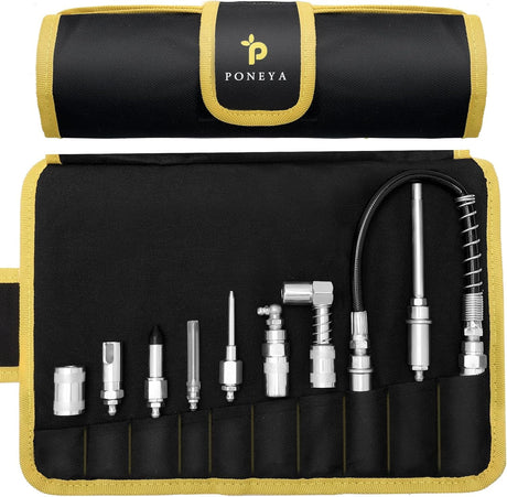 PONEYA 9 PCS Grease Gun Couplers, Quick Connect Greasing Accessory Kit with Grease Gun Tips 12" Flex Hose & Roll Up Case, Perfect for Quick Release Grease Couplers to Reach Any Grease Fitting PONEYA
