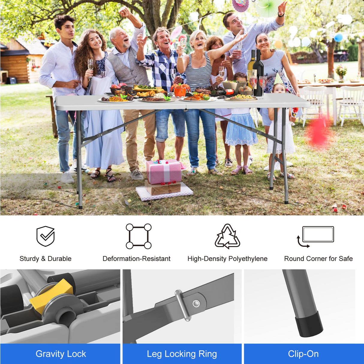 IWDOO Foldable Table 6ft, Plastic Folding Table, Portable Heavy Duty Dining Table with Lock Function & Carrying Handle, Outdoor Indoor Foldable White Table for Camping Party Picnic IWDOO