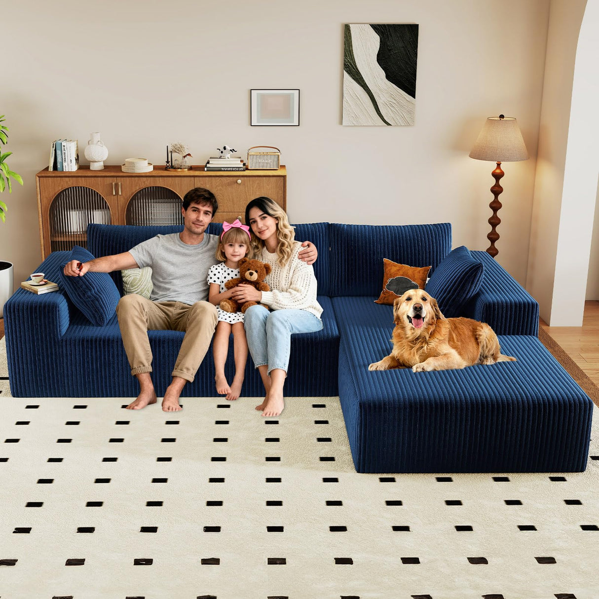 96" Modular Sectional Couch, Boneless L Shaped Cloud Sofa with Chaise Lounge, Corduroy Upholstered Couches Memory Foam Deep Seat, No Assembly Required, Ideal for Living Room(Blue, Right Facing) Lakifun