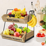 Esbainia Fruit Basket for Kitchen Countertop, 2 Tier Fruit Bowl with 3 Banana Hangers, Large Capacity Fruit Stand Storage Holder, Wooden Basket for Fruit Vegetables Snack, Kitchen Organizer Decor Esbainia