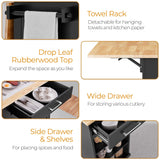 Yaheetech Rolling Kitchen Island Cart with Drop Leaf, Portable Rubberwood Breakfast Bar with Storage Cabinet, Open Shelves & Detachable Towel, 2 Drawers, Black Yaheetech