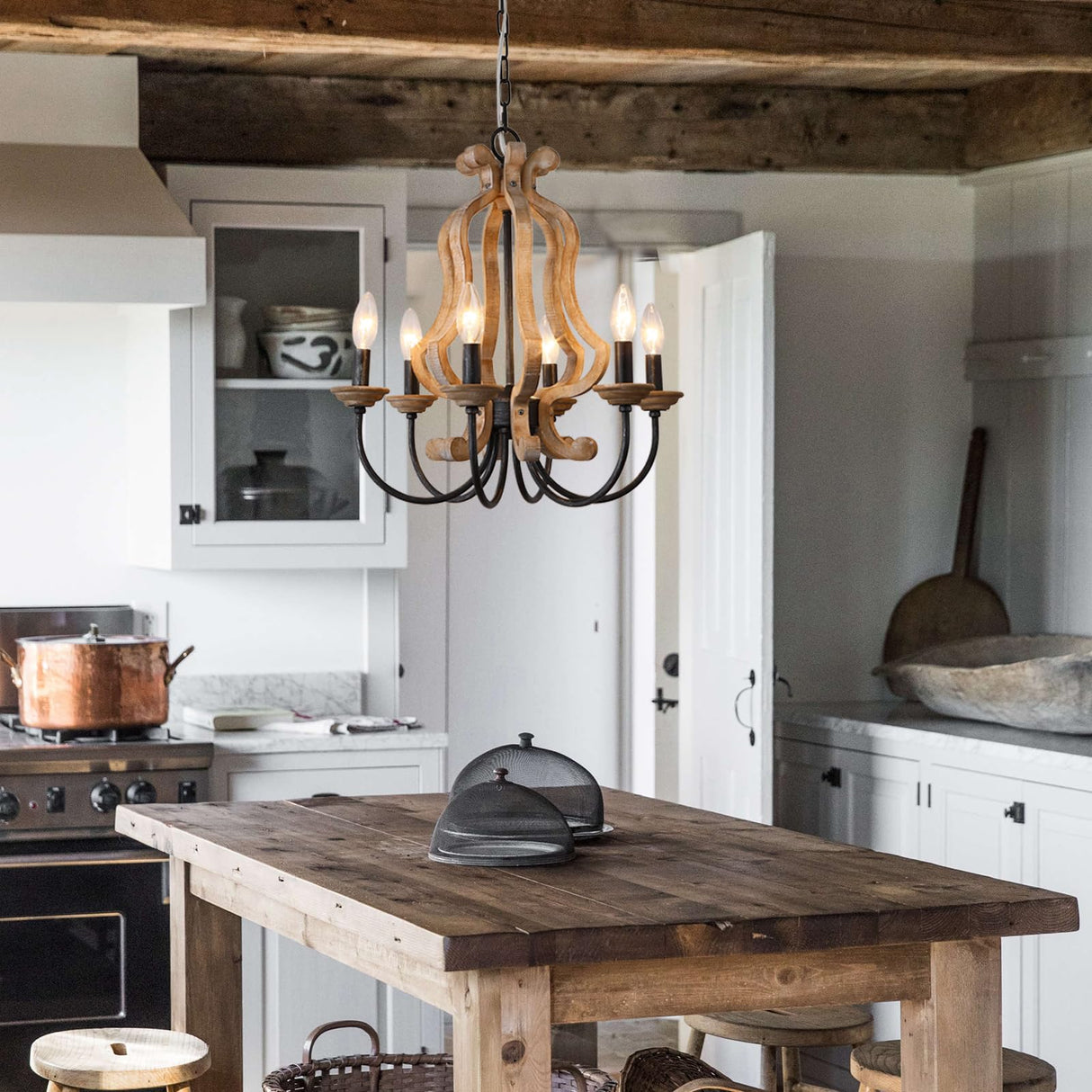 ANQIANYUE Farmhouse Chandelier, 6-Lights Wood Chandelier, Distressed Black Pendant Light Adjustable Height, Rustic Chandeliers for Dining Room Kitchen Island Foyer Living Room Entryway Hallway (18.3") ANQIANYUE