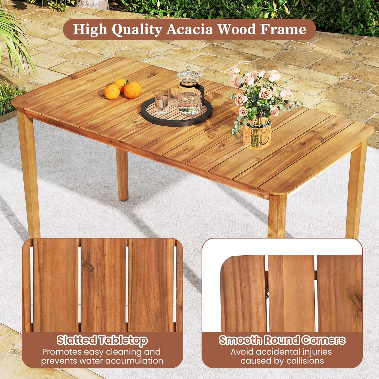 Tangkula Rectangular Outdoor Dining Table, 4-6 People Large Acacia Wood Patio Table with Slatted Tabletop, Indoor Outdoor Farmhouse Bistro Table for Yard, Garden, Poolside, Deck Tangkula