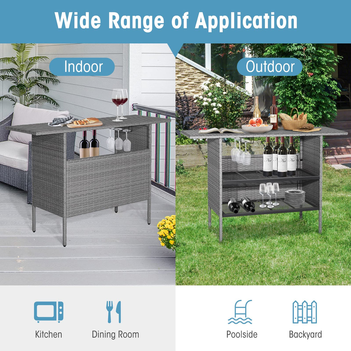 Tangkula Outdoor Wicker Bar Table, Patiojoy All Weather Patio Bar Height Table with 2 Metal Mesh Shelves & 2-Rail Steel Stemware Racks, Rattan Bar Counter Table for Backyard, Poolside (Mix Grey) Tangkula