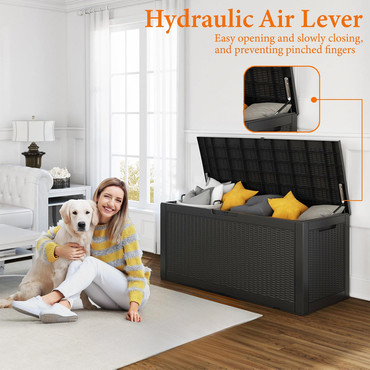 100 Gallon Resin Deck Box, Lockable Patio Outdoor Storage Box for Furniture, Garden Tools and Tools Storage, Waterproof Outside Storage Boxes - Black PatioZen