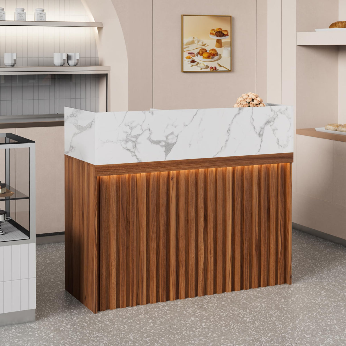 UEV Modern Reception Desk with Counter, 47“ Front Desk Reception Room Table with Cable Grommet, Marble Texture Top Front & Led Lights, Retail Counter for Beauty Salon, Checkout, Home Office UEV