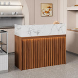 UEV Modern Reception Desk with Counter, 47“ Front Desk Reception Room Table with Cable Grommet, Marble Texture Top Front & Led Lights, Retail Counter for Beauty Salon, Checkout, Home Office UEV