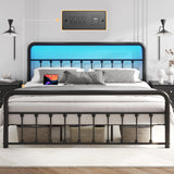 Fluest 14 Inch King Bed Frame Classic Metal Platform Bed Frame with Charging Station & LED, Victorian Style Iron-Art Headboard/Footboard, Under Bed Storage, No Box Spring Needed, Noise Free Fluest
