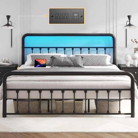 Fluest 14 Inch King Bed Frame Classic Metal Platform Bed Frame with Charging Station & LED, Victorian Style Iron-Art Headboard/Footboard, Under Bed Storage, No Box Spring Needed, Noise Free Fluest