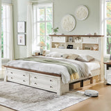 Farmhouse Queen Size Bed Frame with 54" Tall Storage Bookcase Headboard, Wood Platform Bed Frame with 2 Drawers & 18" Tall Roman Column Decoration Footboard, No Box Spring Needed(Antique White) T4TREAM
