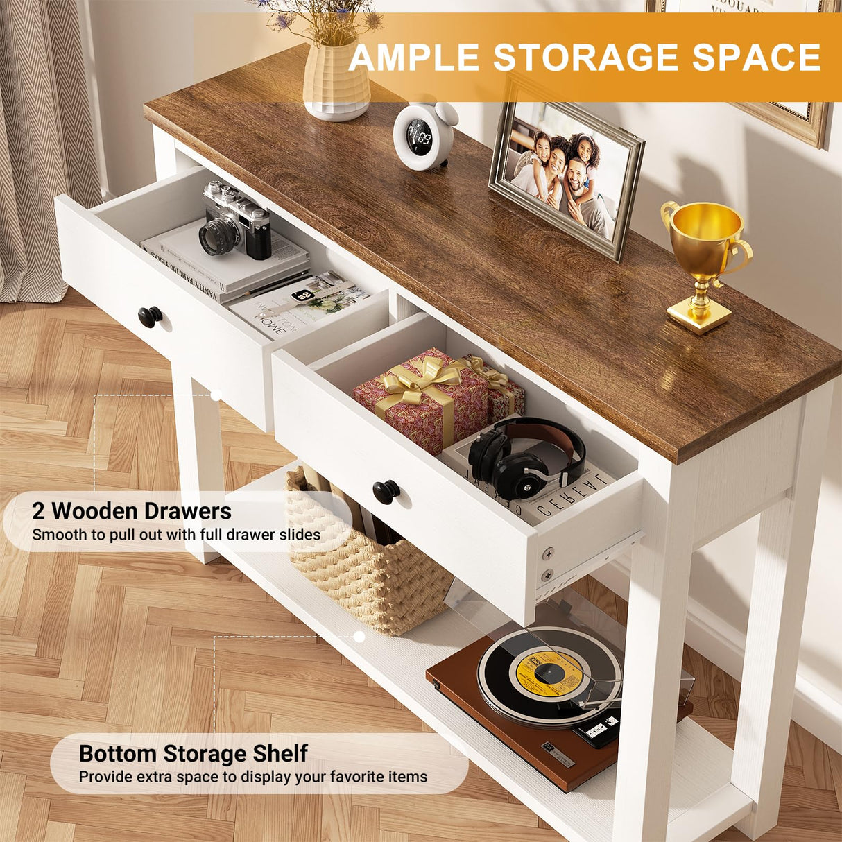 Homieasy Farmhouse Console Table with 2 Drawers, 32 Inch Small Sofa Table with Storage Shelf for Living Room, Behind Couch, Entryway Table for Hallway, Living Room, or Foyer, Rustic Brown and White Homieasy