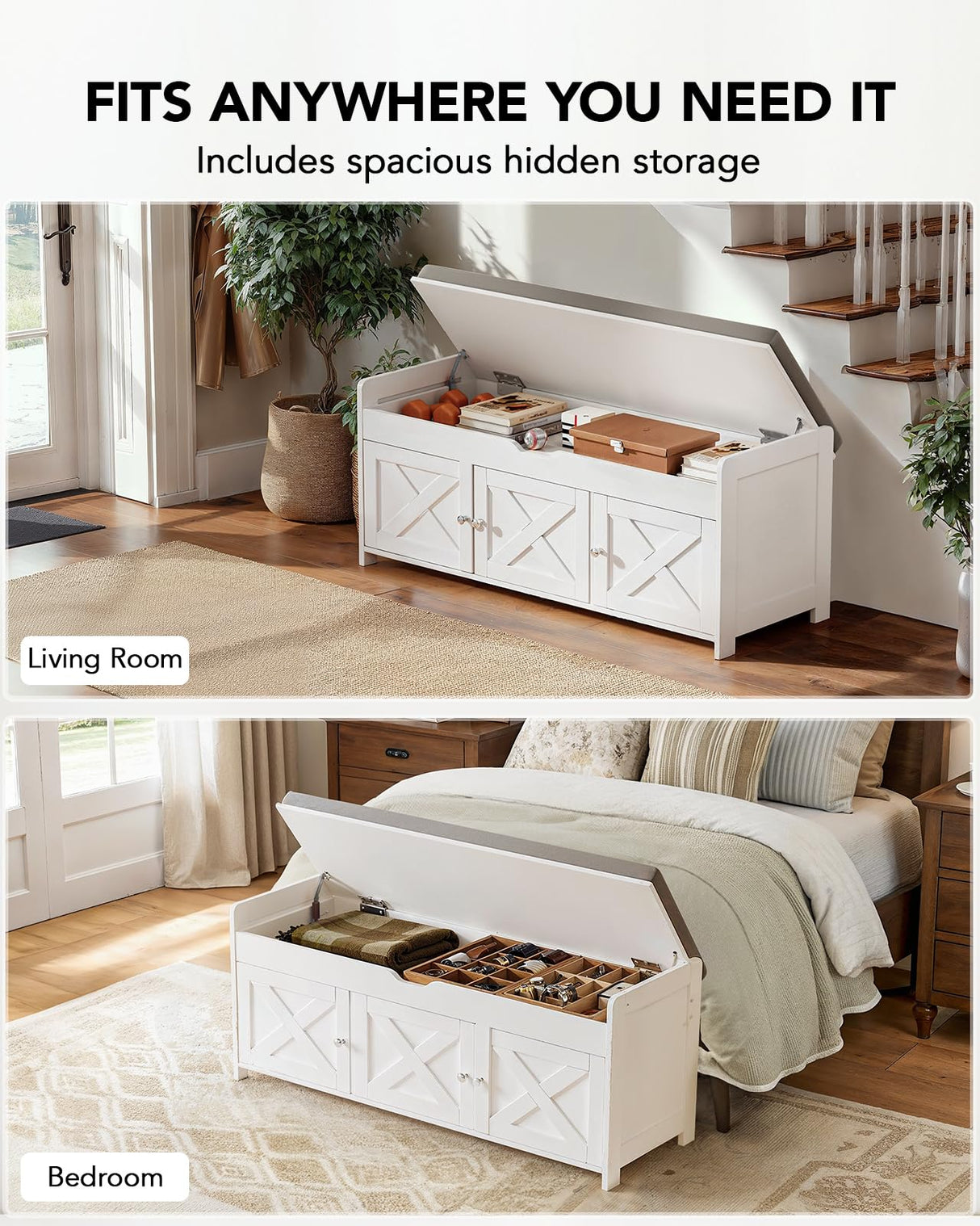 Amada Shoe Storage Bench, Entryway Bench with Cushioned Seat & Lift Top Storage, 3 Doors, Adjustable Shelf, 300 lbs Capacity, Bench with Shoe Rack for Entryway, Bedroom, Living Room, White AMADA HOMEFURNISHING