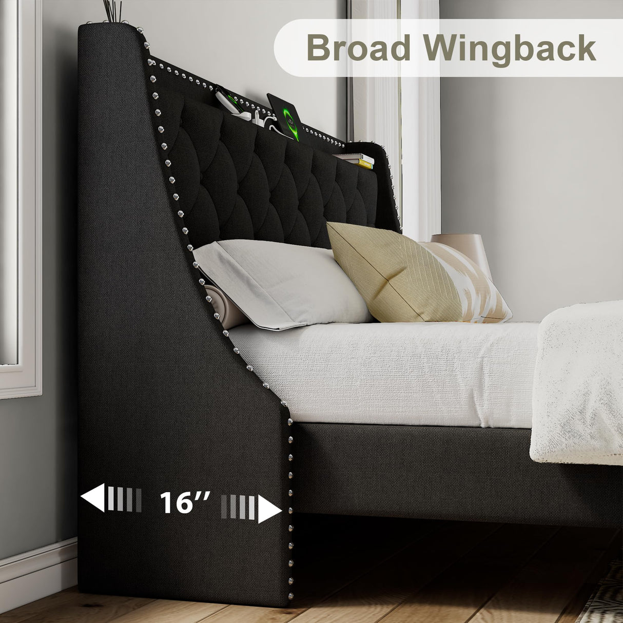 Feonase King Size Bed Frame with Luxury Wingback and Fast Charging Station,Upholstered King Button Tufted Storage Headboard Platform Beds, Wooden Slats Support, Noise-Free, Easy Assembly,Matte Black Feonase