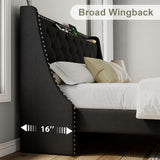 Feonase King Size Bed Frame with Luxury Wingback and Fast Charging Station,Upholstered King Button Tufted Storage Headboard Platform Beds, Wooden Slats Support, Noise-Free, Easy Assembly,Matte Black Feonase