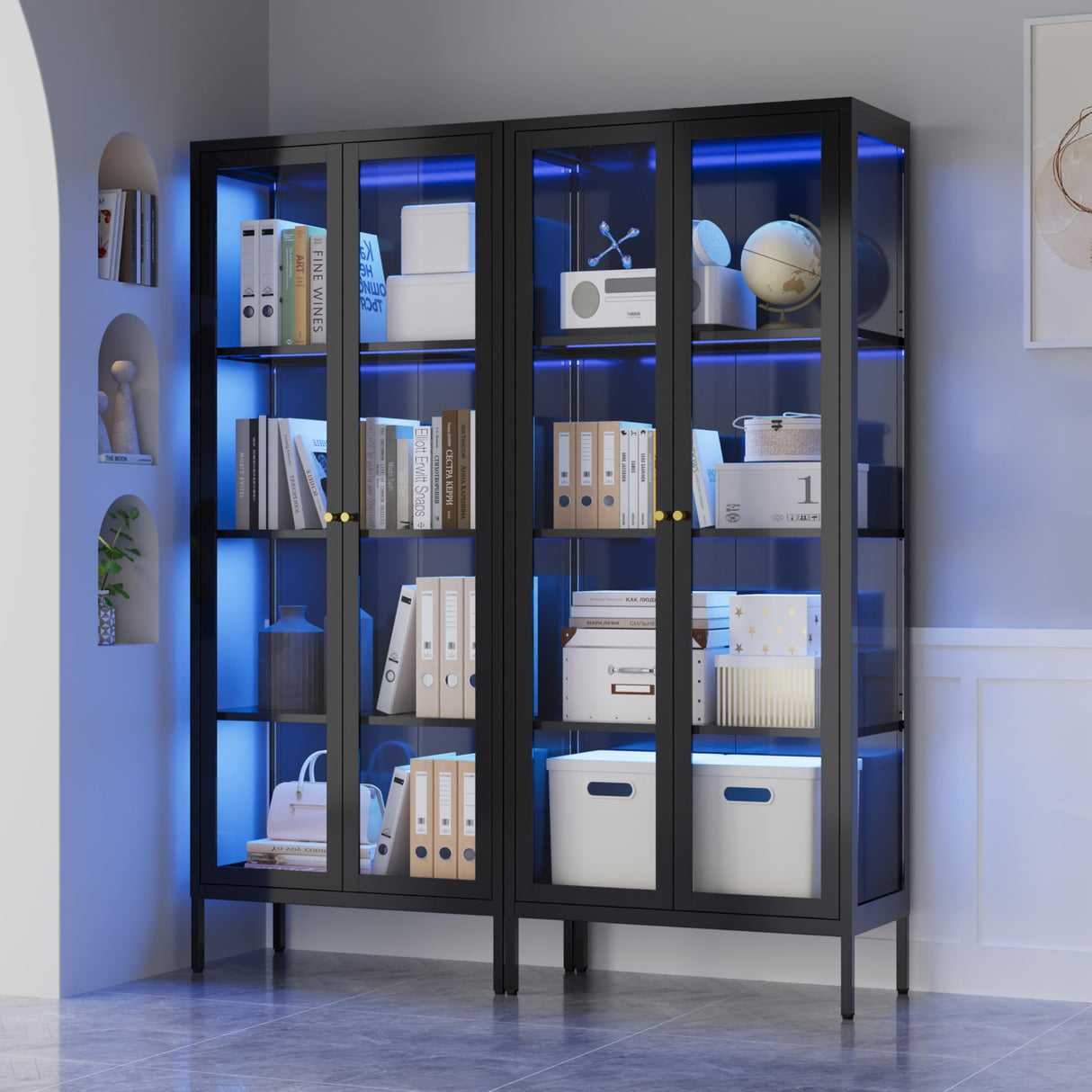 Glass Display Cabinet with LED Lights, Black Curio Glass Showcase, 66" Tall Metal Storage Cabinet with Doors and Adjustable Shelves, 3 Color Lighted Display Case for Living Room, Home Office, Pantry MetalMax