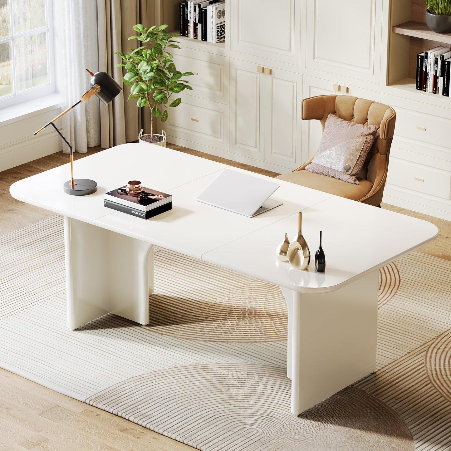 Tribesigns 62.99" Large Desk, Modern Home Office Computer Desk for 1-2 Person, Minimalist Double PC Writing Table Study Desk Executive Desk with Arch Design Legs, Cream White - WoodArtSupply