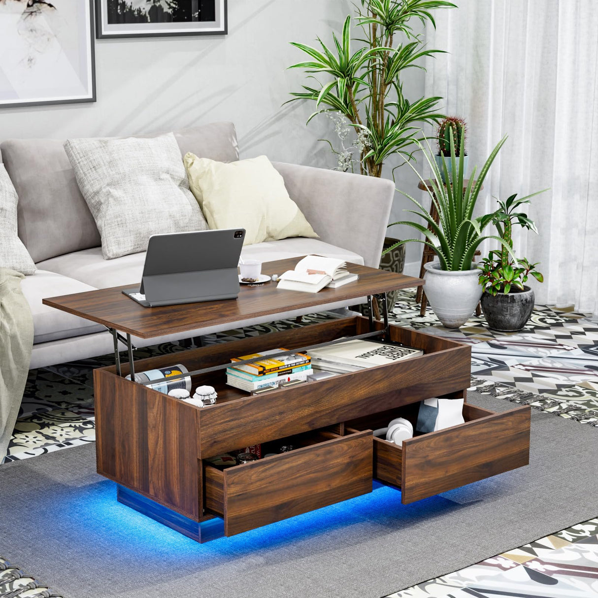 HOMMPA Modern Lift Top Coffee Table with Storage for Living Room, LED Coffee Table, Wooden Lift Table Top Dining Table with 2 Drawers Hidden Compartment & Metal Frame, Walnut HOMMPA