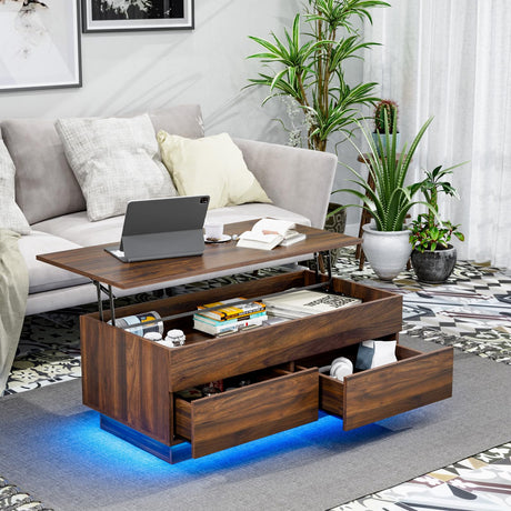 HOMMPA Modern Lift Top Coffee Table with Storage for Living Room, LED Coffee Table, Wooden Lift Table Top Dining Table with 2 Drawers Hidden Compartment & Metal Frame, Walnut HOMMPA