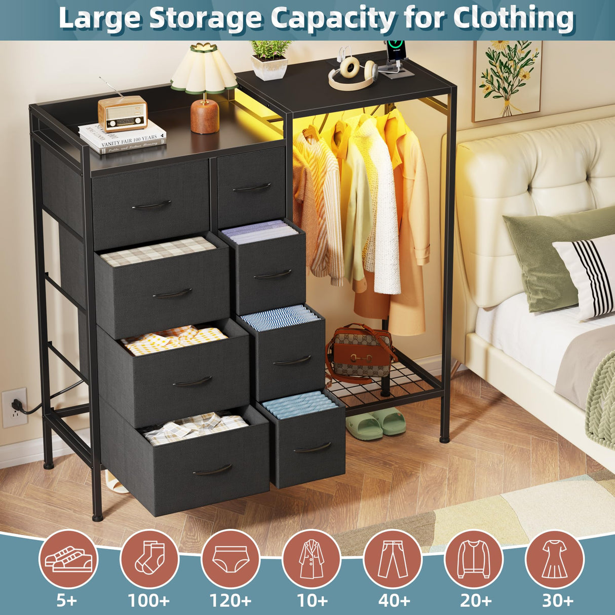 HIGDBFE 8-Drawer Dresser with Hanging Rack, Bedroom Dresser with Charging Station & LED Lights, Kids Dressers with Shoe Rack for Clothes Storage, Chest of Drawers for Bedroom, Closet, Black HIGDBFE