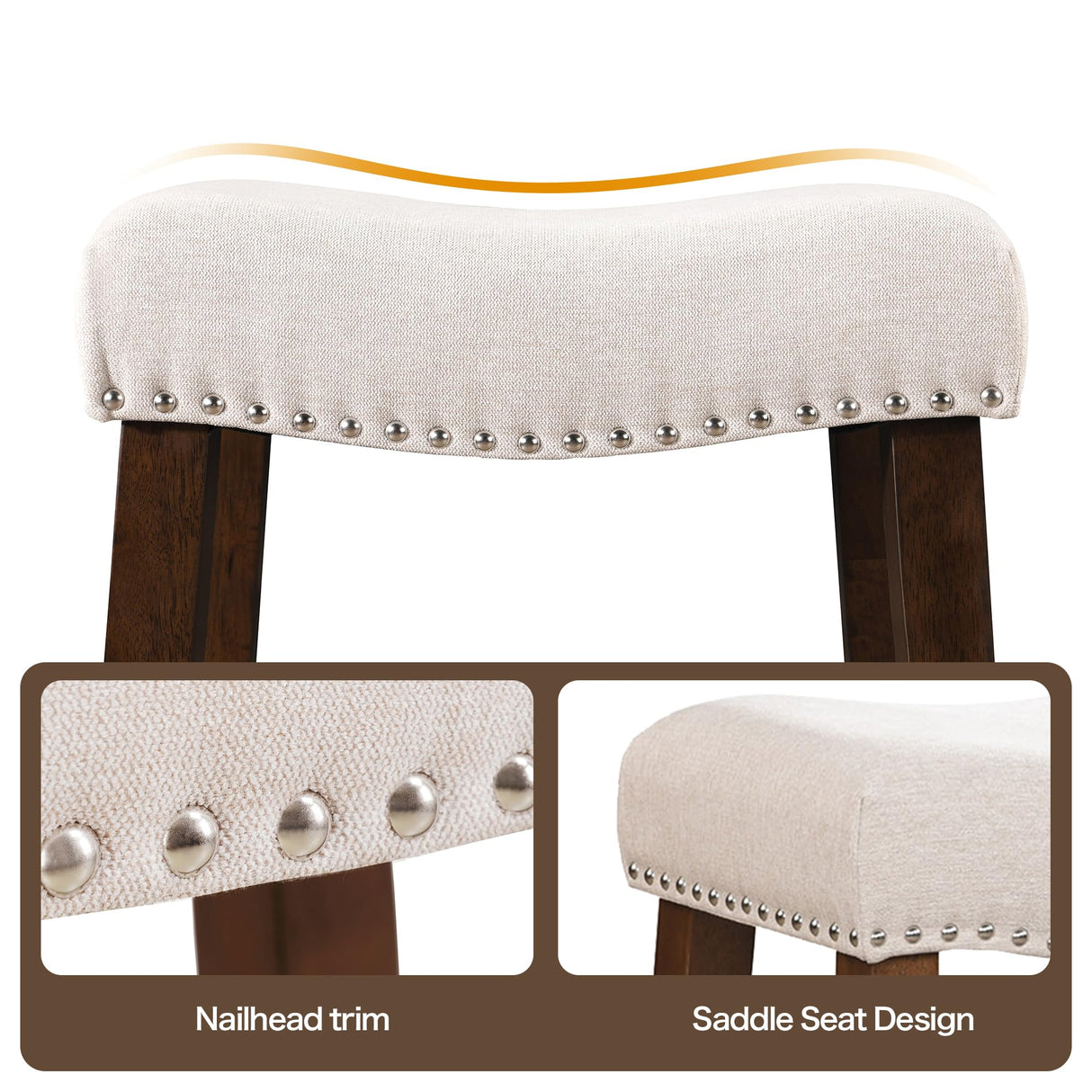 Larksperal 26" Counter Height Bar Stools - Modern Backless Kitchen Island Saddle Barstools Chairs with Footrest, Solid Wood Legs & Nailhead Trim Linen Fabric Cushion, Beige, Set of 4 Larksperal