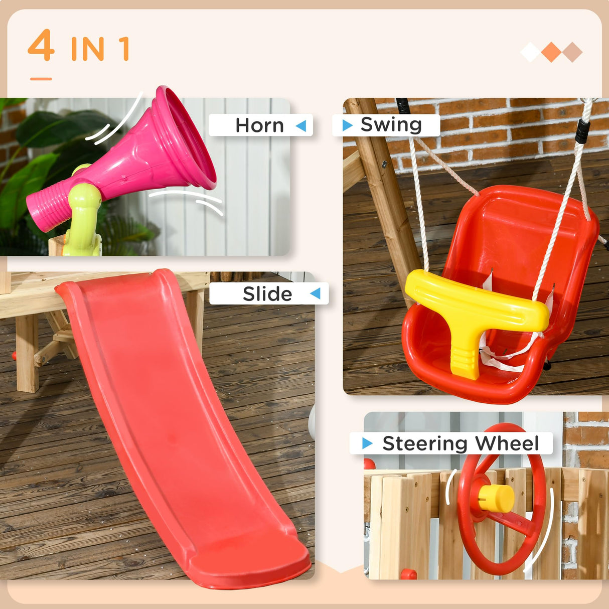 Outsunny 4-in-1 Wooden Swing Set, Kids Outdoor Playset with Swing, Slide, Horn, Steering Wheel, Toddler Playground Set for 18-48 Months, Kids Outdoor Play Equipment, Red Outsunny