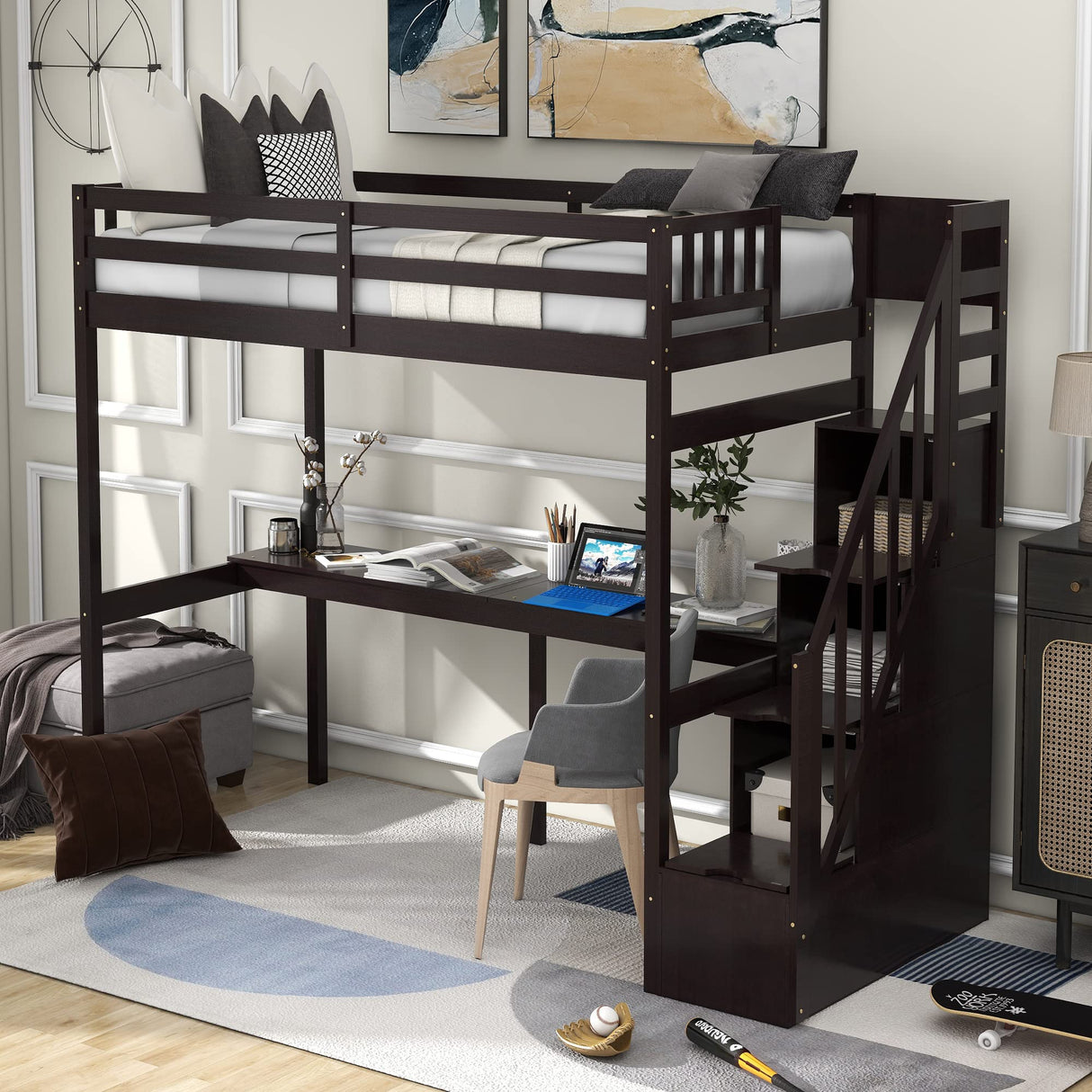 SOFTSEA Espresso Twin Loft Bed with Storage Staircase, Desk, and Safe Access for Kids SOFTSEA