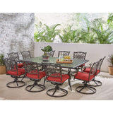 Hanover Traditions 11-Piece Modern Outdoor Dining Set with Rust Resistant Cast Aluminum Rectangular Large Dining Table and 10 Swivel Rocker Chairs with Plush Weather Resistant Red Cushions Hanover
