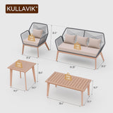 Kullavik Outdoor Patio Furniture Set,5 Pieces Indoor Rope Woven Sectional Sofa Set Modern Oak Patio Conversation Sets with Wooden Table for Balcony,Porch or Backyard,Sand Kullavik