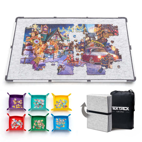 Tektalk Foldable Jigsaw Puzzle Board, Felt Puzzle Mat with Non-Slip Surface & 6 Colored Sorting Trays, Portable Puzzle Storage Saver, for Up to 1500 Pieces Tektalk