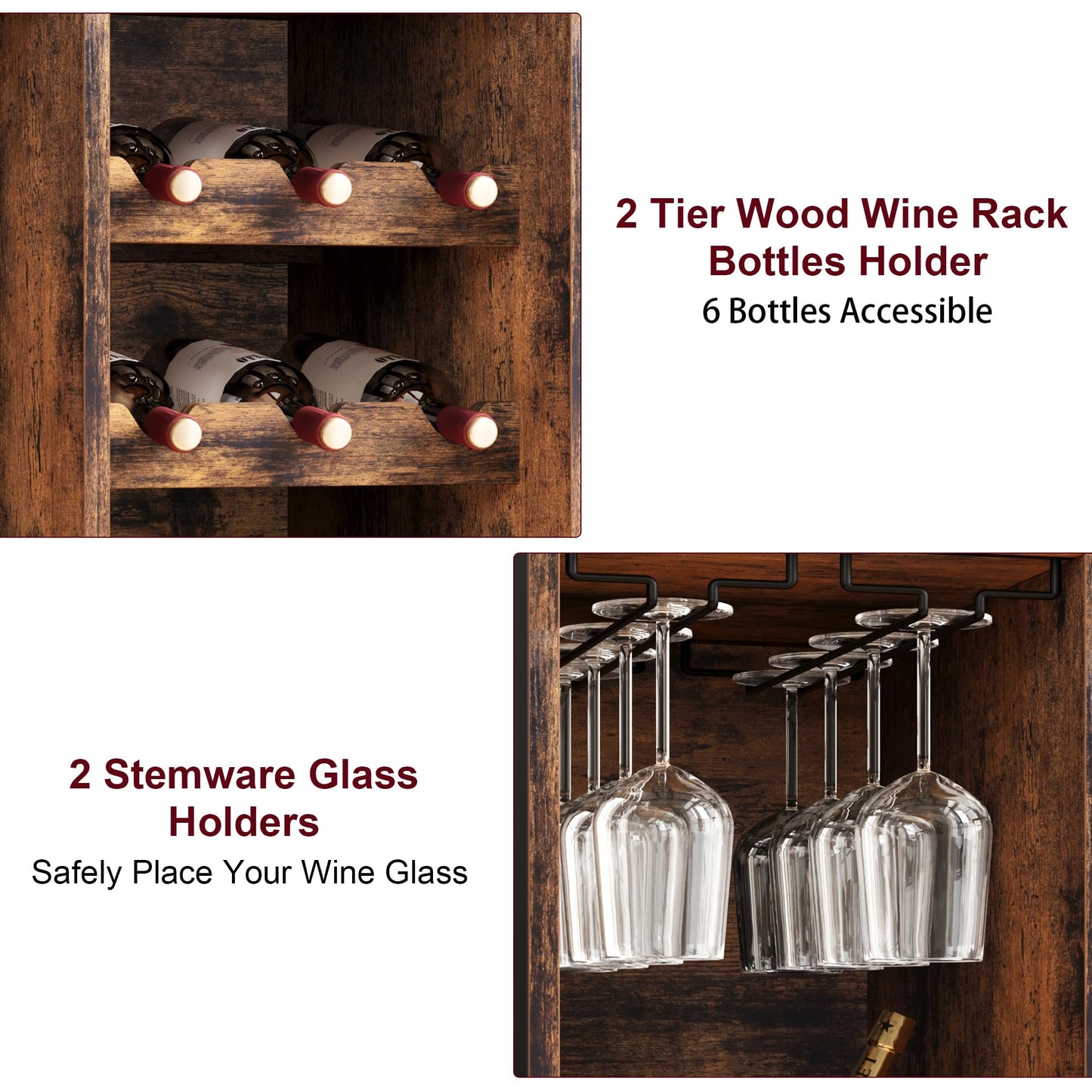 IDEALHOUSE Rustic Brown Freestanding Wine Cabinet with Glass Rack and Storage Solutions - WoodArtSupply