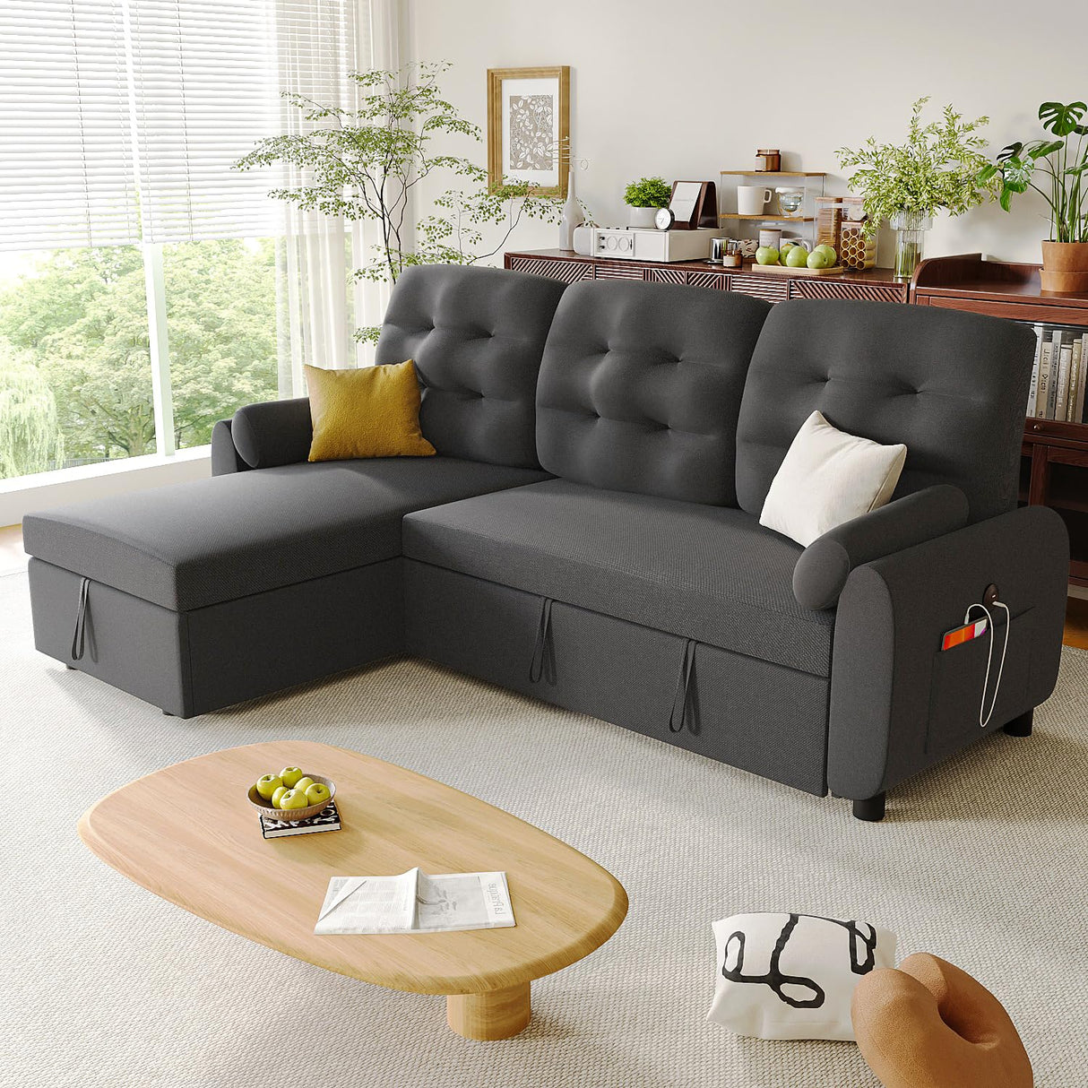 Ucloveria Sleeper Sofa Bed, 86" Convertible Sectional Sofa Couches for Living Room, Pull Out Couch Bed with Reversible Storage Chaise | USB Ports | Side Pockets | Removable Backrest Ucloveria