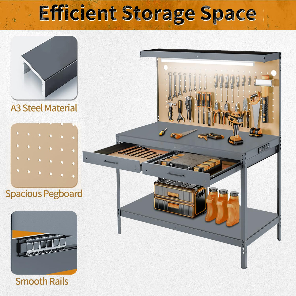 Work Bench, Workbench with Power Outlets and Light, A3 Steel Work Tabl ...